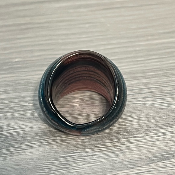 Vintage Glass Ring with Silver and Teal Stripes, Size 6.5, Boho - Picture 3 of 4